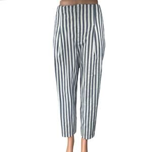 Zara Blue Striped High Waisted Pleated Straight Tapered Ankle Trousers Pants M